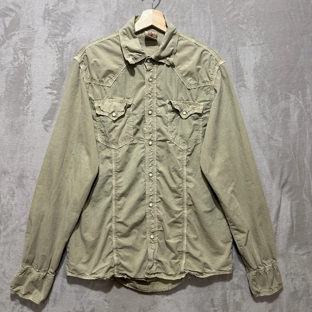 True Religion Mens XL Western Snap Shirt Tan MV3BL68TTJN Yoke Pockets